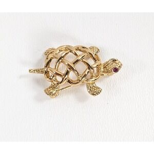 Vintage Napier Gold Tone Turtle Brooch Pink Rhinestone Eyes